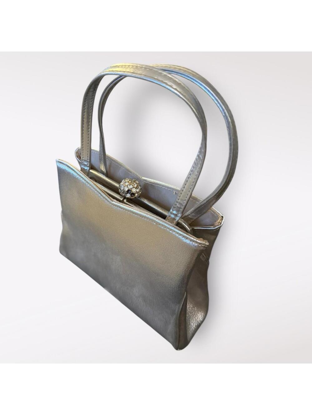 Harry Levine Silver Handbag With Rhinestone Clasp And Attached Coin Purse